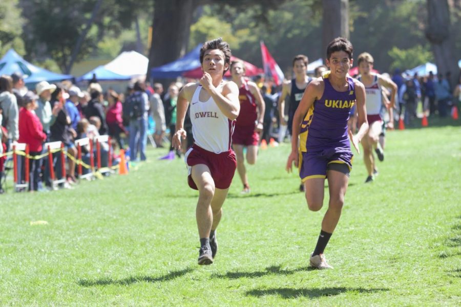 Senior Ryan Lee hustles to the finish line in heat 1 of the JV boys race at the Lowell Cross Country Invitational on Sept. 8 at Speedway Meadow in Golden Gate Park. He finished in 29th place out of 272 runners in his heat. 
