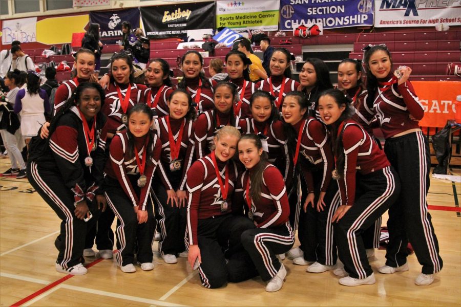 The cheer team poses for a group photo after winning two Silver medals at the CIF SF Cheer Championships on Dec. 8.
