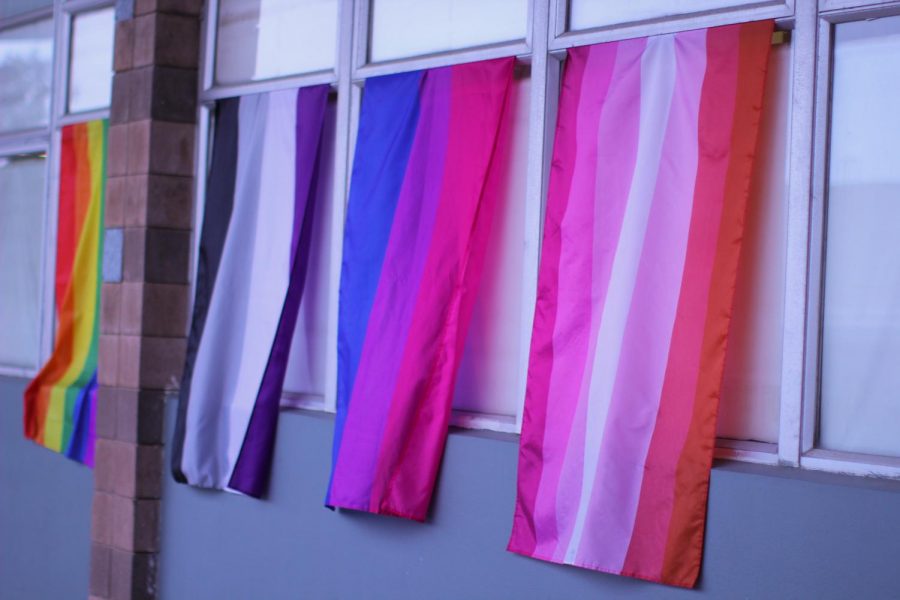 The flag walk featured flags from the LGBTQ community. From left to right: the rainbow flag, asexual flag, bisexual flag, and the lesbian flag