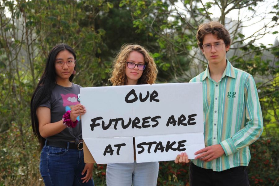 Lauren Caldwell
Student climate activists are standing up for the future of the planet. From left to right, Tanya Santos, Louise Michel, and Silas Crocker. The text on this image was edited on after the photograph was taken, 