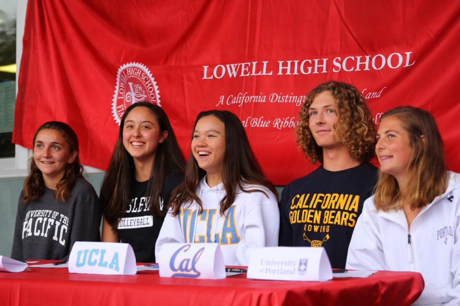 Seniors (from left to right) Audrey Fuchs, Mariko Tanaka, Crystal Murphy, Curtis Bottomley, and Hannah McCord being honored at Lowell's first-ever NCAA signing ceremony.